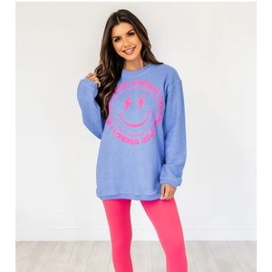 BRING GOOD ENERGY PUFF BLUE CORDED GRAPHIC SWEATSHIRT